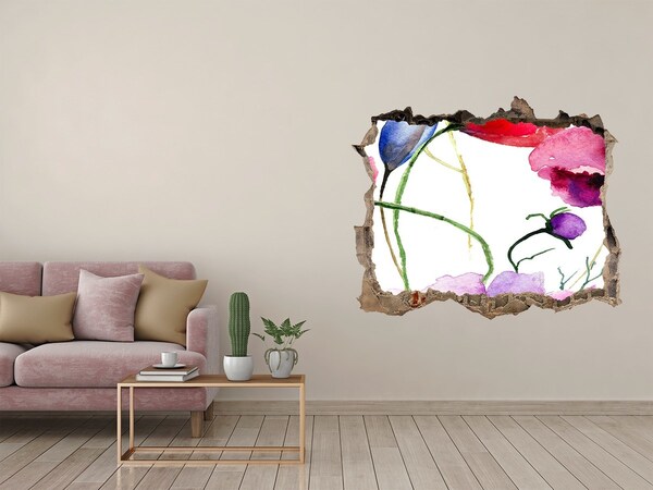 Vinilo pared rota 3d efecto realista Paisaje de flores a través de un agujero en la pared