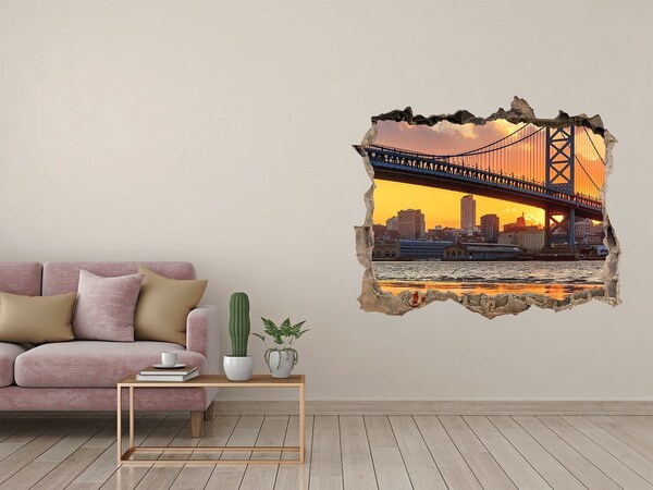 Pegatina de vinilo agujero 3d para pared Puesta de sol sobre el puente