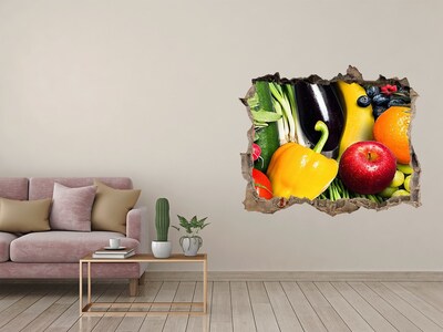 Vinilo pared rota 3d efecto realista Frutas y verduras en un agujero en la pared
