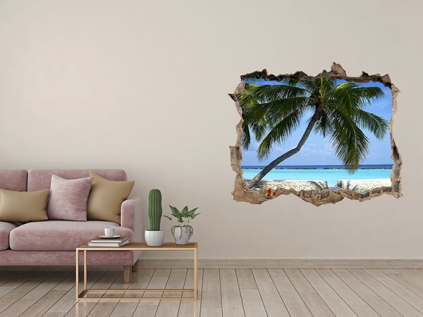 Vinilo pared rota 3d efecto realista Oasis tropical con palmeras