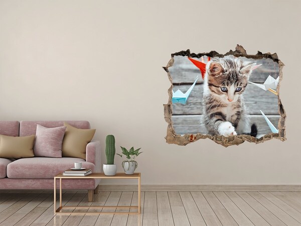 Vinilo pared rota 3d efecto realista Gatito en un agujero en la pared