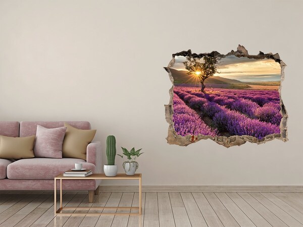 Vinilo pared rota 3d efecto realista Campos de lavanda al atardecer