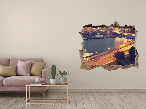 Vinilo pared rota 3d efecto realista Vista de la ciudad de noche