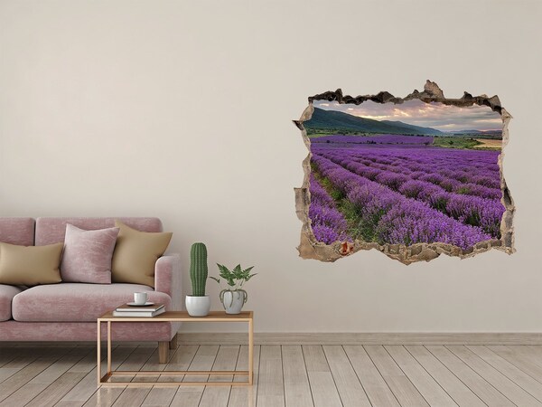 Trampantojo de pared rota efecto profundidad Campos de lavanda bajo los rayos del sol poniente