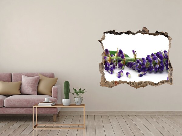 Vinilo pared rota 3d efecto realista Flor de lavanda a través de un agujero en la pared