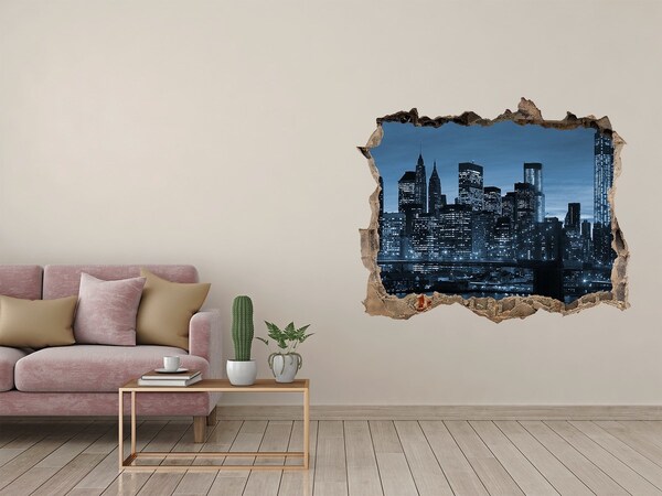 Vinilo pared rota 3d efecto realista Vista de Nueva York de noche