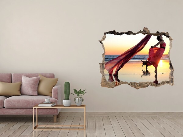 Vinilo pared rota 3d efecto realista Bailando en la playa al atardecer