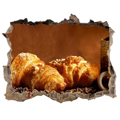 Vinilo pared rota 3d efecto realista Deliciosos croissants en un agujero en la pared