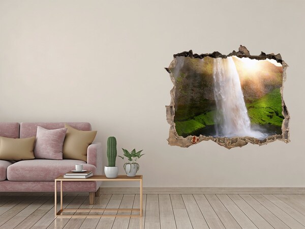 Pegatina de vinilo agujero 3d para pared Una cascada en un paisaje verde