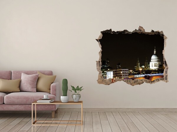Vinilo pared rota 3d efecto realista Vista nocturna de Londres a través de un agujero en la pared