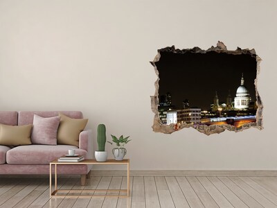 Vinilo pared rota 3d efecto realista Vista nocturna de Londres a través de un agujero en la pared