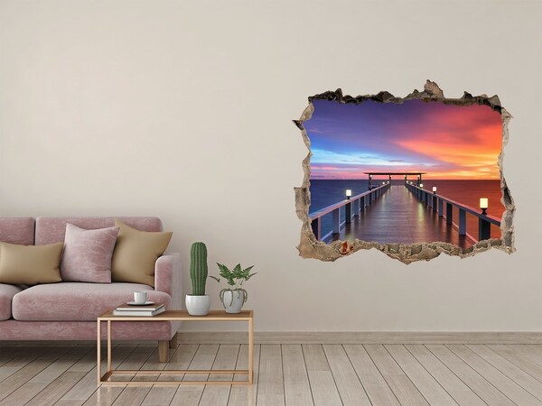Pegatina de vinilo agujero 3d para pared Puesta de sol sobre el muelle