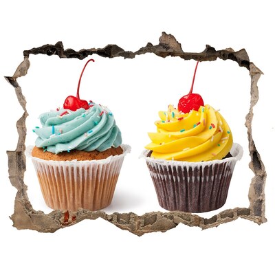 Vinilo pared rota 3d efecto realista Deliciosos cupcakes en un agujero en la pared