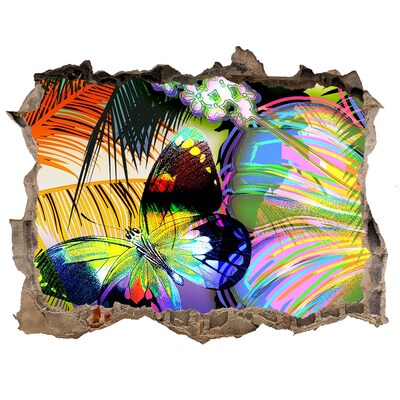 Vinilo pared rota 3d efecto realista Una mariposa colorida en un agujero en la pared