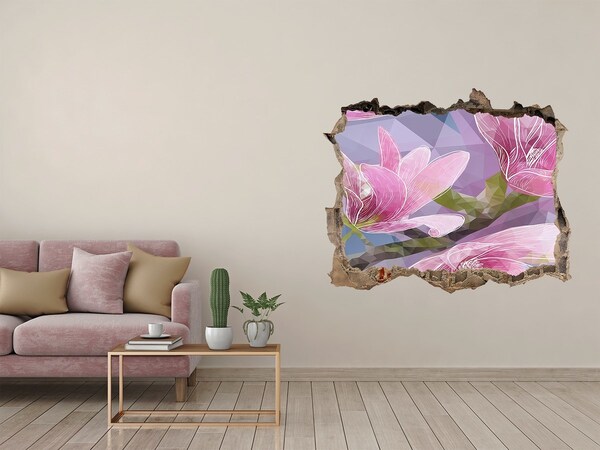 Vinilo pared rota 3d efecto realista Flores de magnolia en un agujero en la pared