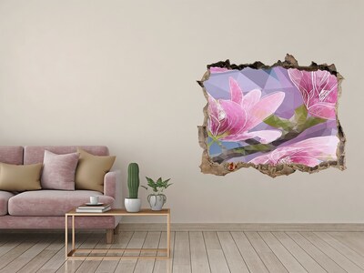 Vinilo pared rota 3d efecto realista Flores de magnolia en un agujero en la pared