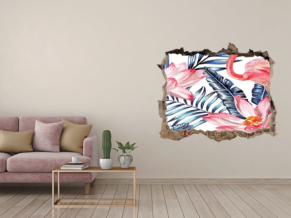 Vinilo pared rota 3d efecto realista Paraíso tropical con flamencos