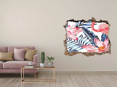 Vinilo pared rota 3d efecto realista Paraíso tropical con flamencos