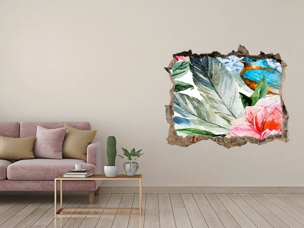 Vinilo pared rota 3d efecto realista Paraíso tropical con un pájaro