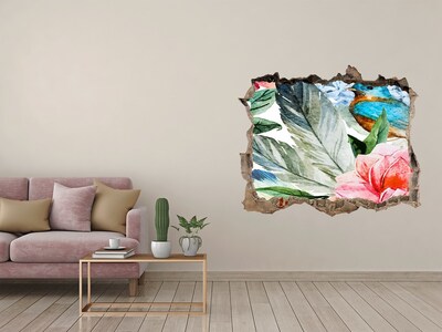 Vinilo pared rota 3d efecto realista Paraíso tropical con un pájaro
