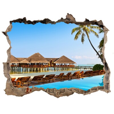 Vinilo pared rota 3d efecto realista Paraíso tropical junto a la piscina