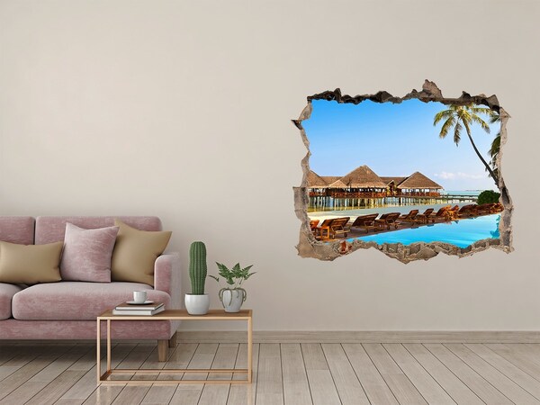 Vinilo pared rota 3d efecto realista Paraíso tropical junto a la piscina
