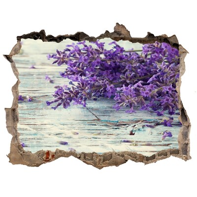 Pegatina de vinilo agujero 3d para pared Flores de lavanda sobre un fondo de madera