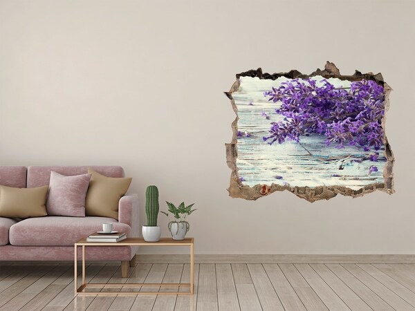 Pegatina de vinilo agujero 3d para pared Flores de lavanda sobre un fondo de madera