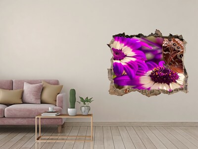 Vinilo pared rota 3d efecto realista Mariposa sobre flores en un agujero en la pared