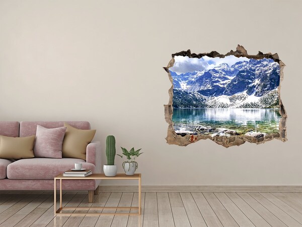 Vinilo pared rota 3d efecto realista Paisaje de montaña con un lago