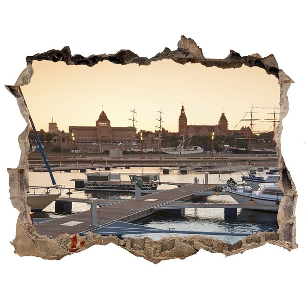 Vinilo pared rota 3d efecto realista El puerto al atardecer