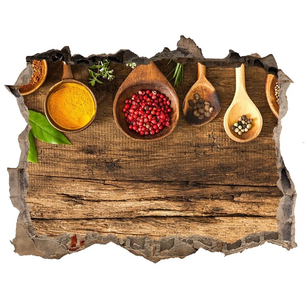 Pegatina de vinilo agujero 3d para pared Especias de cocina sobre una encimera de madera