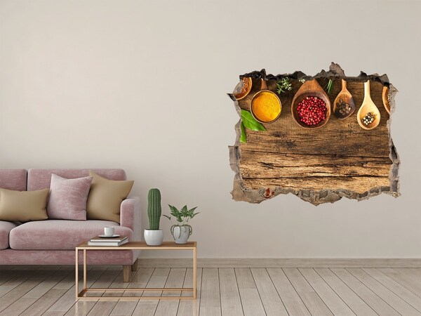 Pegatina de vinilo agujero 3d para pared Especias de cocina sobre una encimera de madera