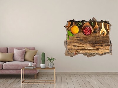 Pegatina de vinilo agujero 3d para pared Especias de cocina sobre una encimera de madera