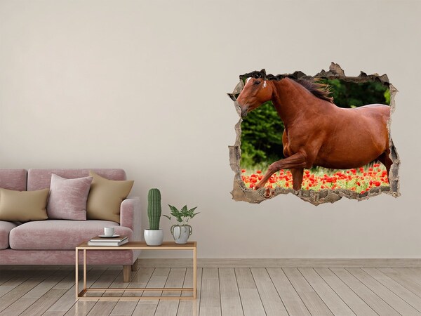 Vinilo pared rota 3d efecto realista Un caballo en un campo de amapolas