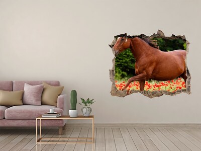 Vinilo pared rota 3d efecto realista Un caballo en un campo de amapolas