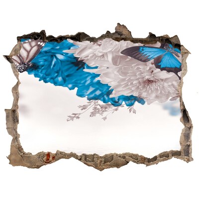 Vinilo pared rota 3d efecto realista Paisaje floral con mariposas