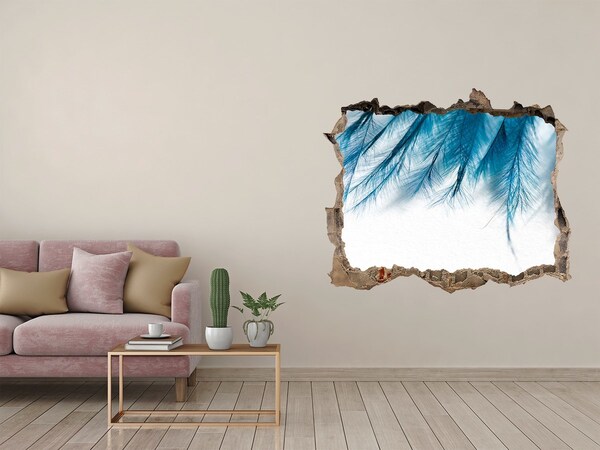 Pegatina de vinilo agujero 3d para pared Plumas azules en hormigón