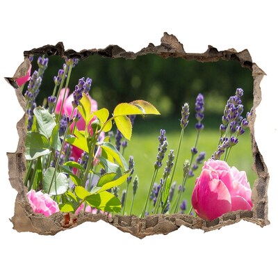 Vinilo pared rota 3d efecto realista Un paraíso de flores detrás del muro