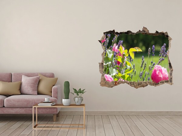 Vinilo pared rota 3d efecto realista Un paraíso de flores detrás del muro