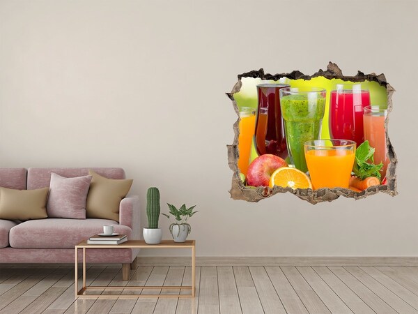Vinilo pared rota 3d efecto realista Frutas y batidos en el agujero en la pared