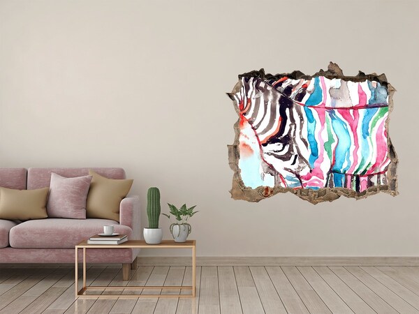 Vinilo pared rota 3d efecto realista Cebra en un fondo colorido