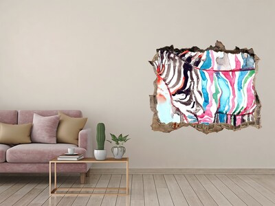 Vinilo pared rota 3d efecto realista Cebra en un fondo colorido