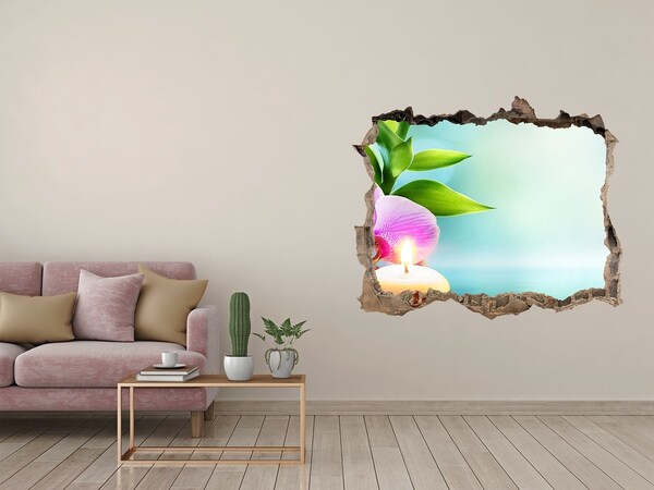 Vinilo pared rota 3d efecto realista Un oasis de paz con una flor y una vela