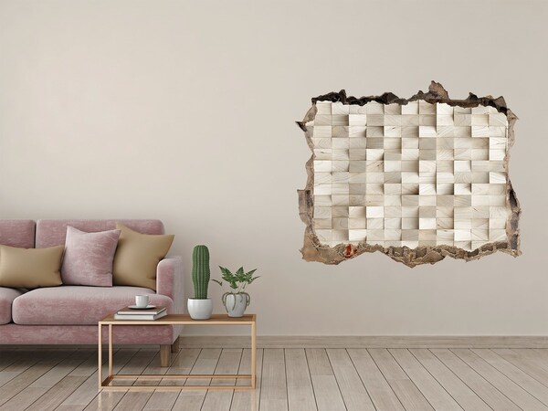 Pegatina de vinilo agujero 3d para pared Una pared dañada con un mosaico de madera