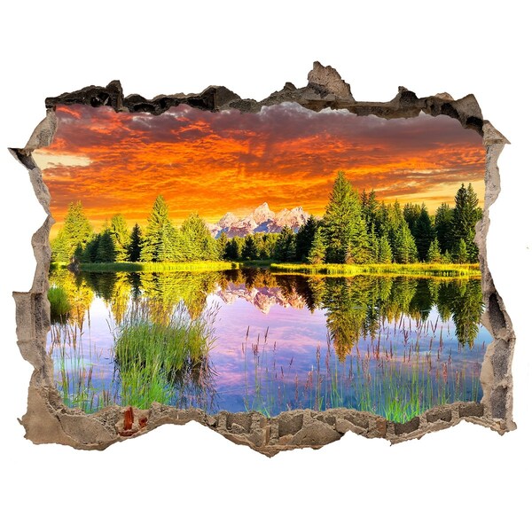 Vinilo pared rota 3d efecto realista Paisaje de montaña al atardecer