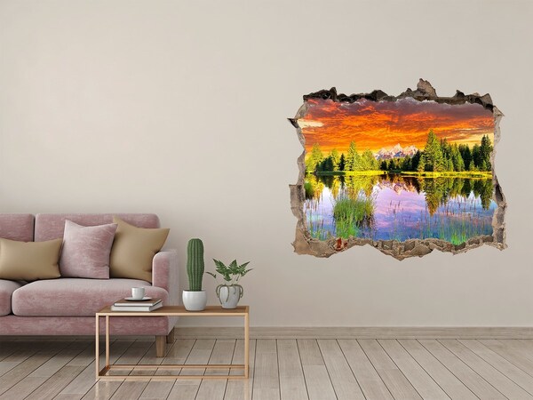Vinilo pared rota 3d efecto realista Paisaje de montaña al atardecer