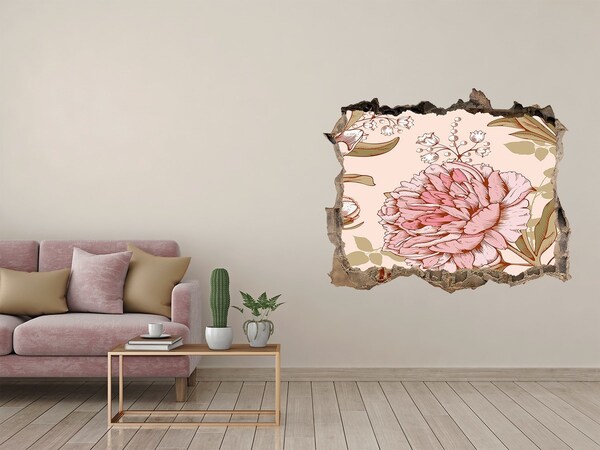 Pegatina de vinilo agujero 3d para pared Patrón floral sobre fondo rosa