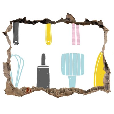 Trampantojo de pared rota efecto profundidad Herramientas de cocina en un agujero en la pared