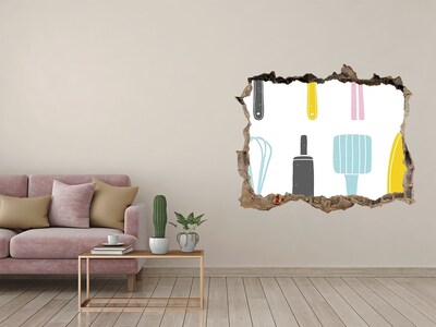 Trampantojo de pared rota efecto profundidad Herramientas de cocina en un agujero en la pared